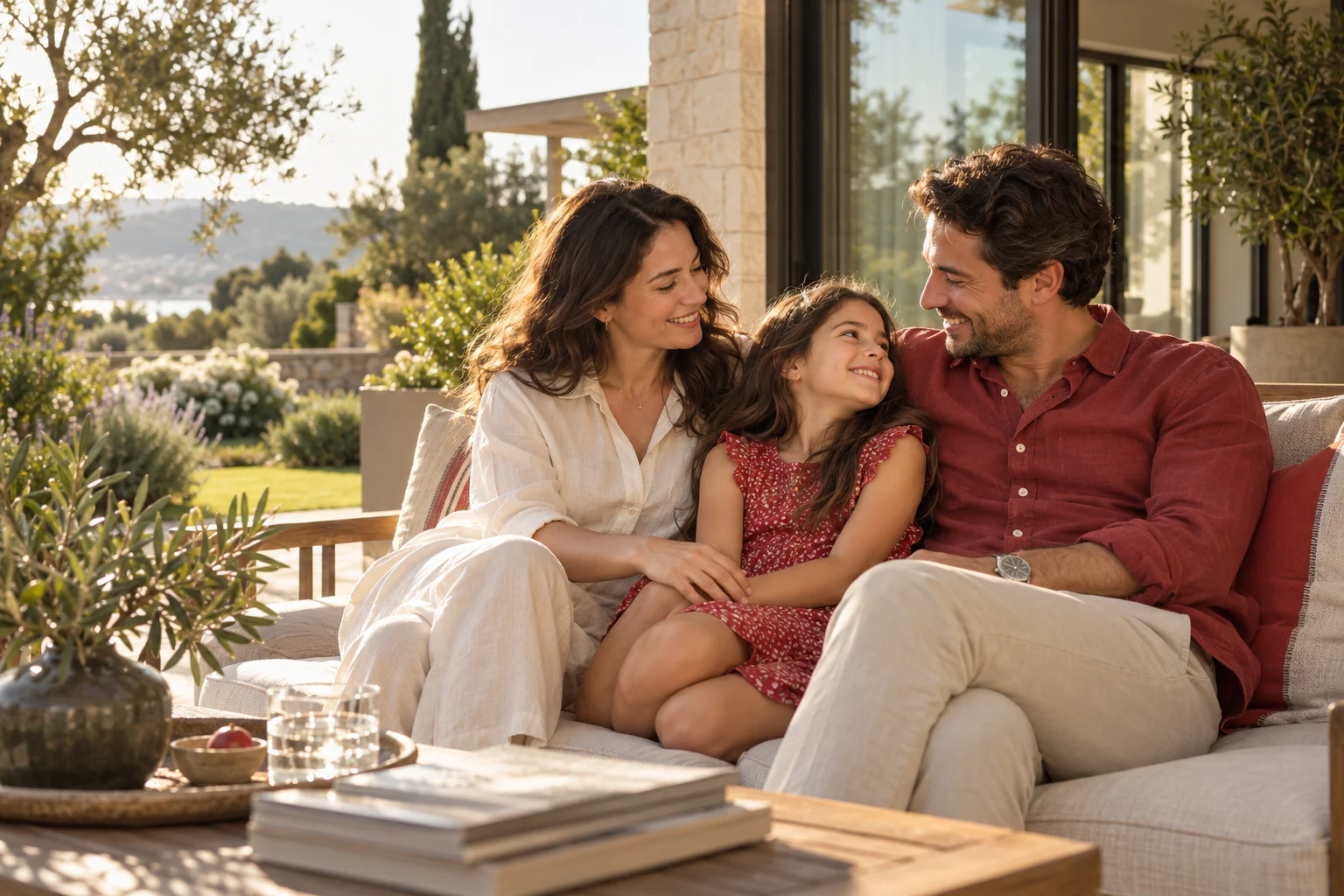 Güneşli bir terasta birlikte vakit geçiren aile